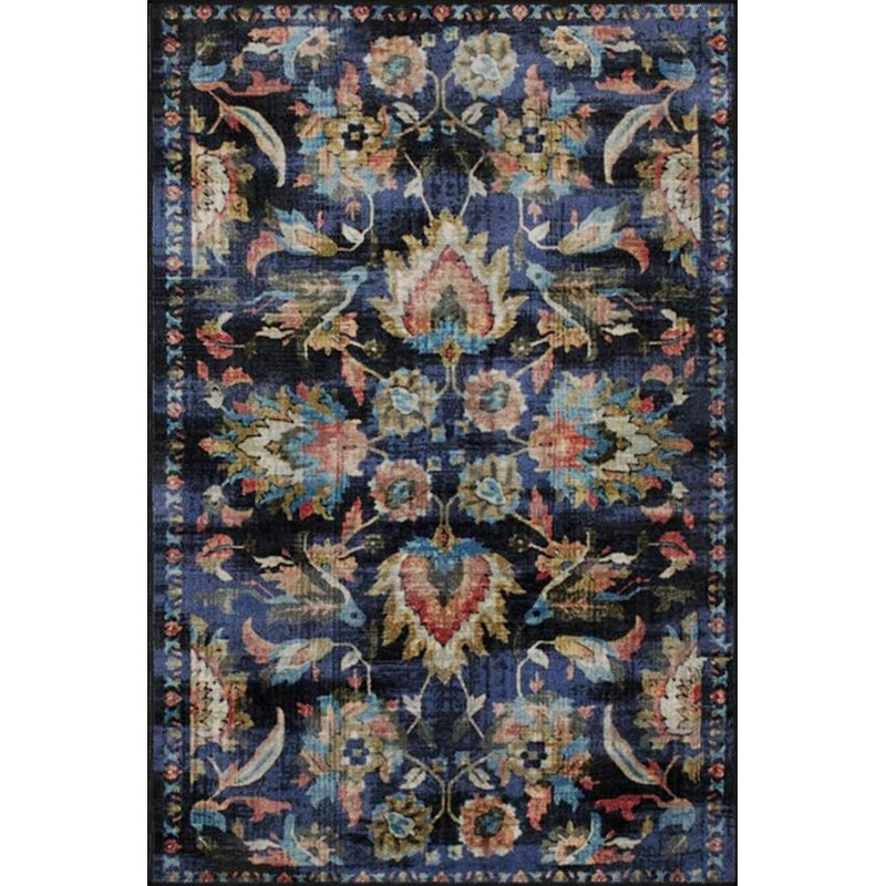 Black Blue Tone Floral Knotted Woven Base Washable Carpet, Round 3'4"