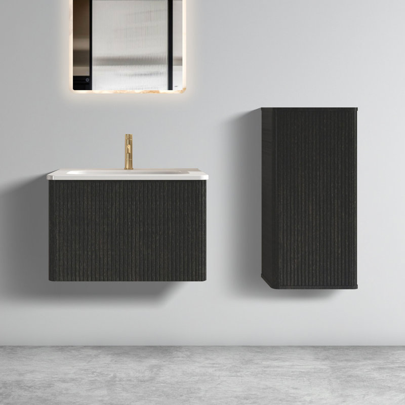 24" Bathroom Vanity - Striped Brushed Black Oak, White Ceramic Sink For Modern Bathrooms Vanity: With Oak & Hygienic, Black