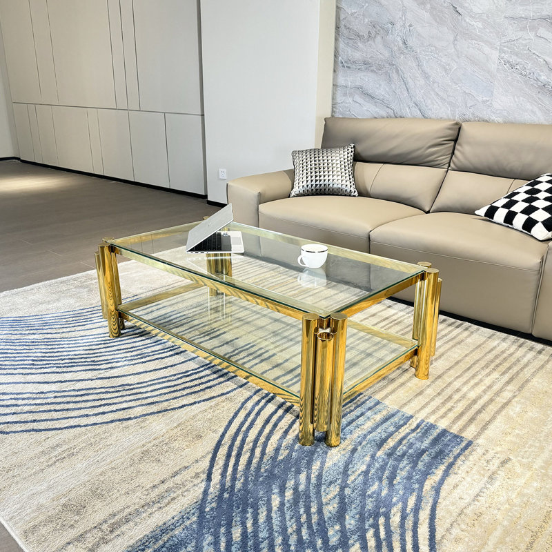 Table basse en acier inoxydable doré avec tablettes en verre trempé, style moderne pour le salon de bureau à domicile, rangement pratique sur le dessus, bureau de pièce, finition, facile à assembler