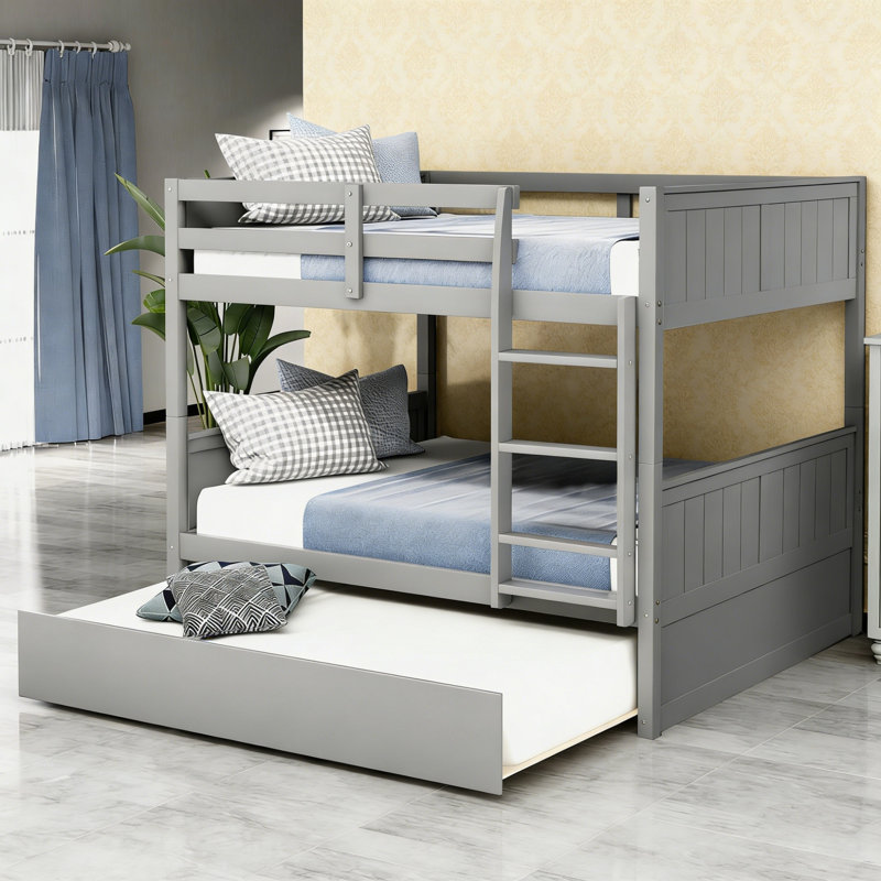 Full Over Full Bunk Bed With Twin Size Trundle, Gray