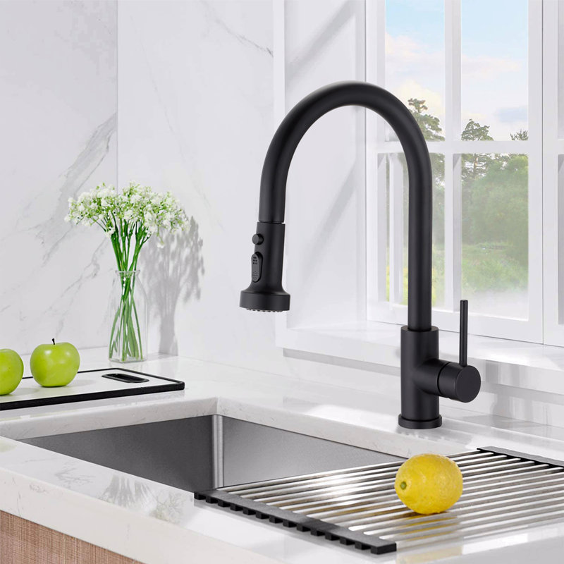 Robinet de cuisine rétractable en acier inoxydable avec douchette, Noir mat