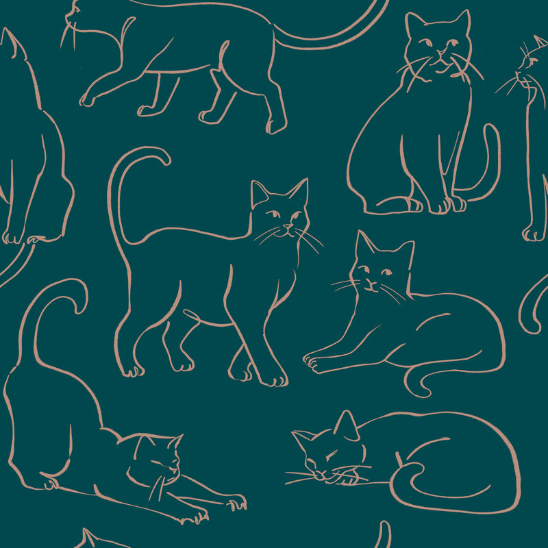 Cat Poses Black Peel and Stick Wallpaper, Green
