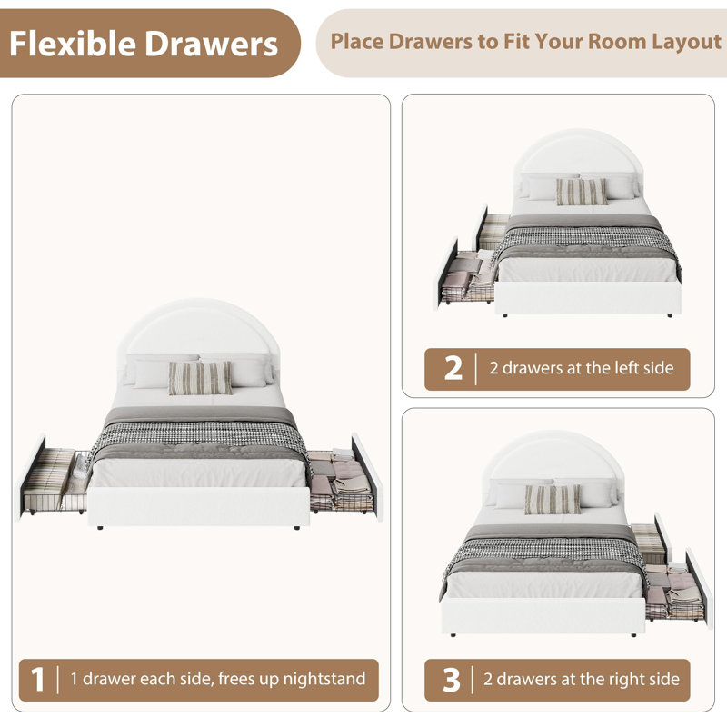 Base de lit tapissier avec 2 tiroirs de rangement Modern, Blanc, Grand lit