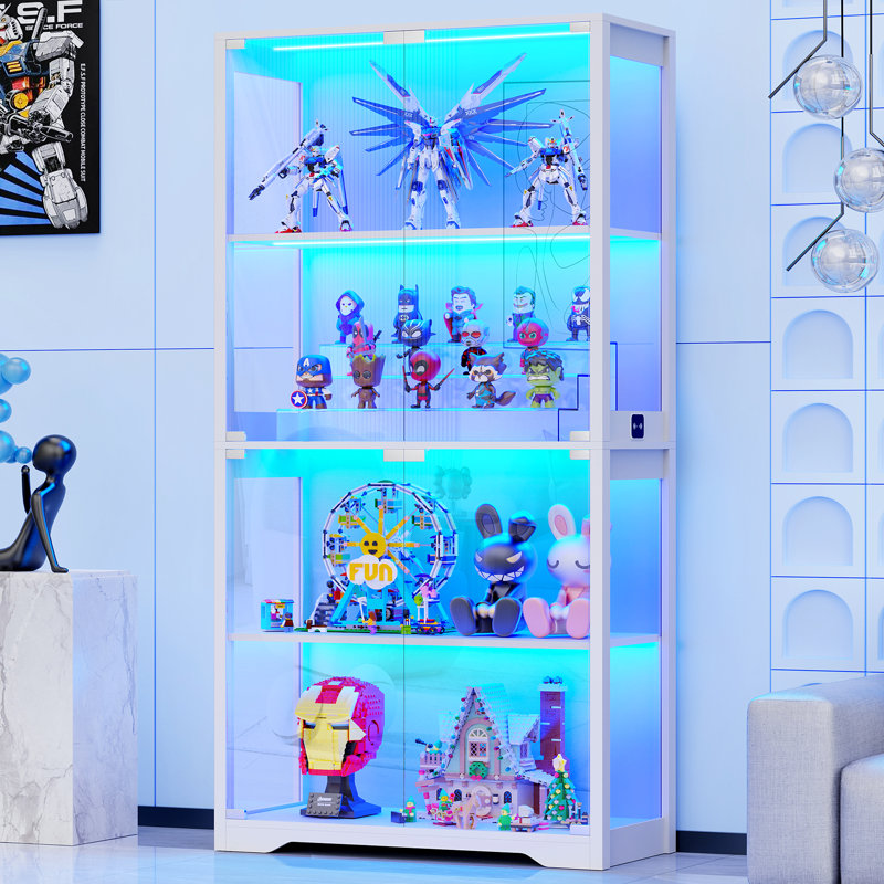 Display Cabinet with Glass Doors, 4-Tier Curio Cabinet with 3 Color Lights for Collectibles, White