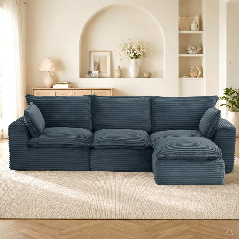 Canapé d'angle modulaire en velours côtelé de 278 cm (109,4 po), canapé infonuagique avec pouf, sans assemblage, Gris