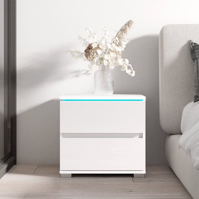 Astorga 19.7" Nightstand with 16-Color LED Lighting, High Gloss Finish, White