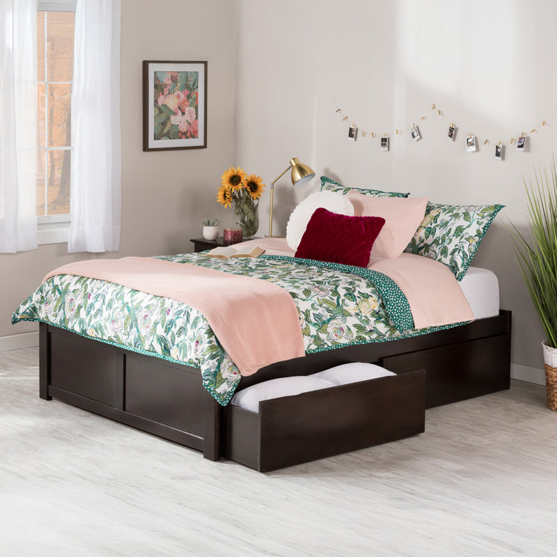 Lit plateforme de rangement avec pied de lit en bois massif et tiroirs sous le lit Concorde, Espresso, Grand lit