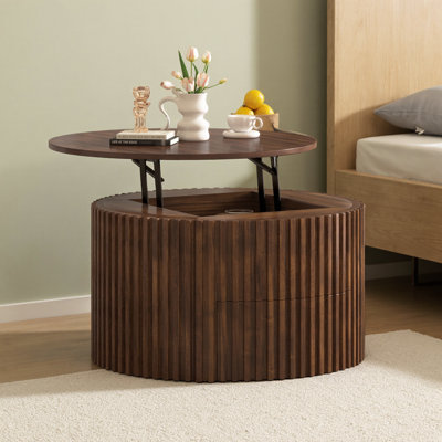 Table basse à plateau relevable rond de 29,8 po avec base cannelée, table d'appoint moderne en bois avec rangement et tiroir cachés, table de salon à hauteur réglable, table centrale en bois massif et panneau de fibres à densité moyenne, noyer
