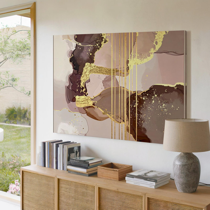 Art abstrait sur toile fondu avec de riches bruns doux et des accents dorés, art mural sur toile prêt à accrocher