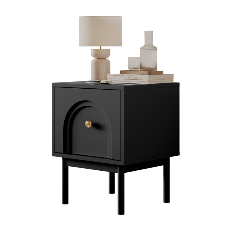 Bedside table LIBERTY nightstand with gold handle, Black