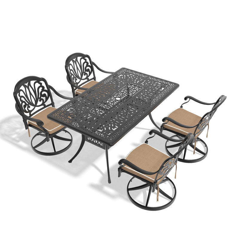 Ensemble de salle à manger 5 pièces en aluminium coulé résistant aux intempéries, comprenant 4 chaises pivotantes et une table rectangulaire avec cadre