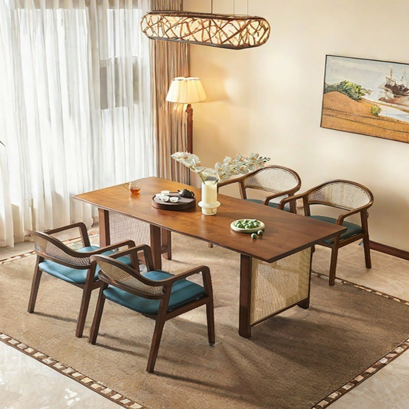 Ensemble de table de salle à manger en rotin et bois massif, H 29,13 po x L 86,61 po x l 33,46 po