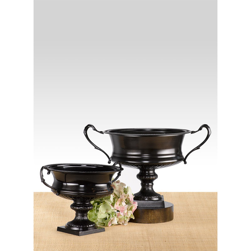 Antique Black Metal Pedestal Urn Vase for Floral Arrangements