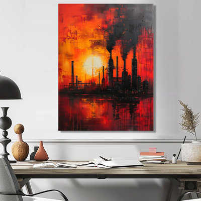 «Red Orange Industrial Industrial Landscape I - Factories», reproduction d'art murale