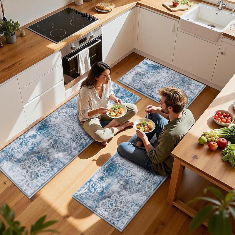 Tapis de cuisine antidérapant lavable et rétro Boho (ensemble de 3), Bleu