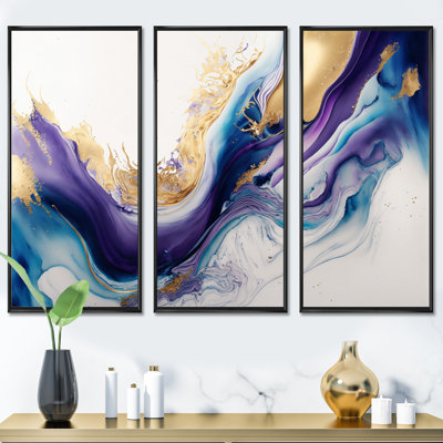 «Dilyana Blue, Gold and Mauve Splash Paint III», reproduction de cadre flottant sur toile 3 pièces