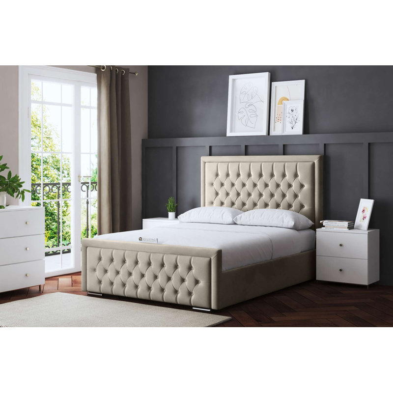 Allegra Upholstered Ottoman Bed with Headboard, Beige, Double (4'6)