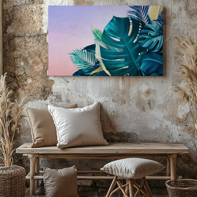 Toile, composition vibrante mettant en vedette des feuilles tropicales luxuriantes dans un mélange harmonieux de couleurs, principalement des nuances de sarcelle, art mural sur toile