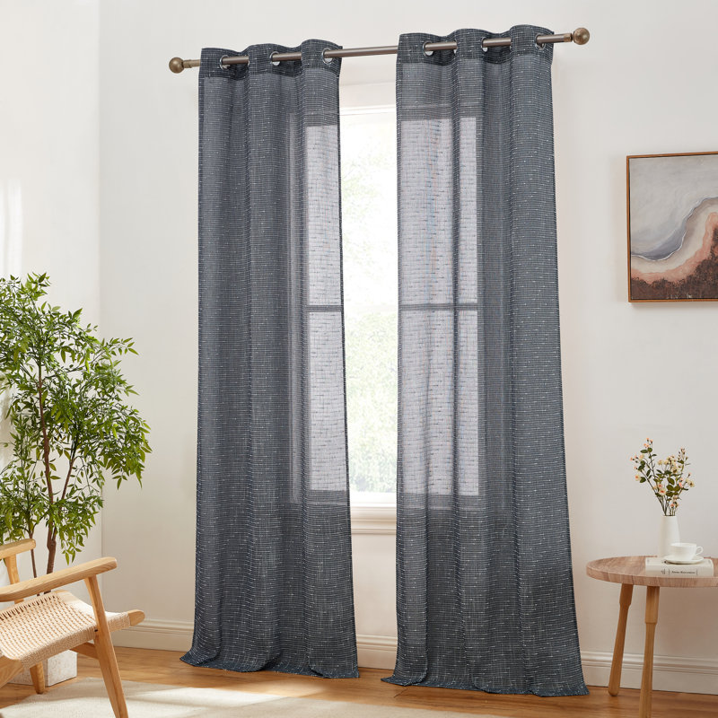 Pothos Faux Linen Semi Sheer Light Filtering Grommet Curtains Panels for Bedroom & Living Room, Pair, 37" W x 96" L, Navy