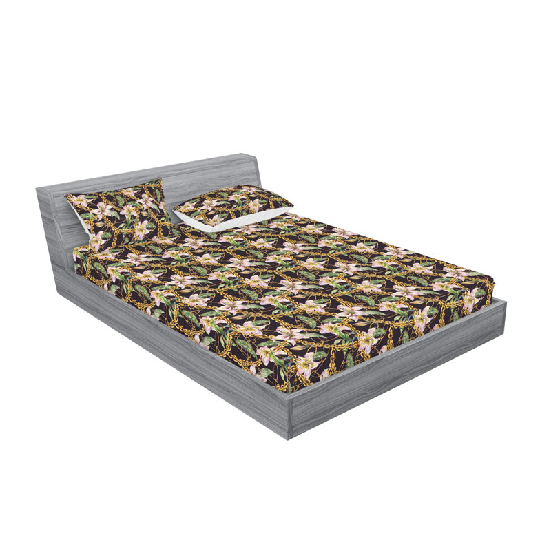 Ambesonne Fitted Sheet & Shams, Dark Purple/Green/Pink Flower, King Sheet Set with 2 Pillowcases