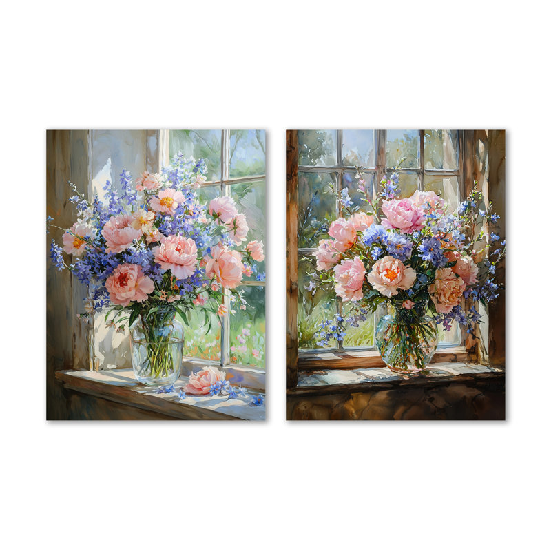 «Pastel Summer Bouquet Flowers at the Barn I» - ensemble de 2 impressions murales botaniques roses en métal, 32" H x 48" W