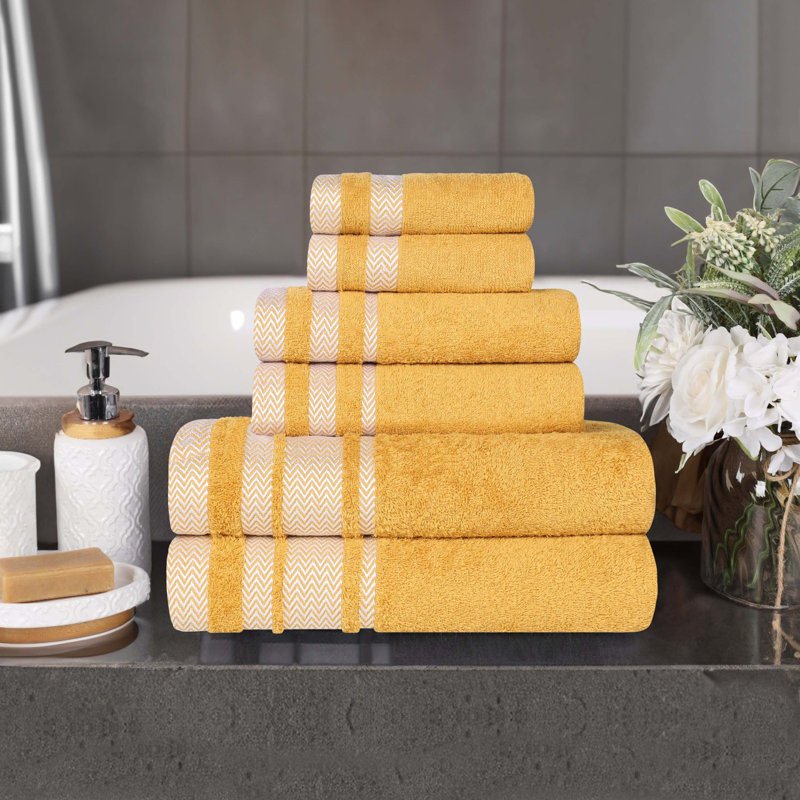 Halia Cotton Solid Dobby Border Plush Soft Absorbent 6 Piece Bathroom Towel Set, Gold