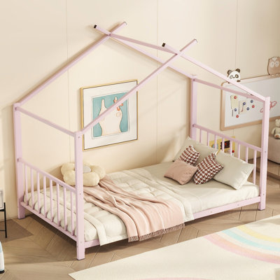 Lit plateforme simple en métal, base de lit pour enfant avec ensemble de lattes Montessori, aucun sommier nécessaire pour la chambre d'enfant, rose