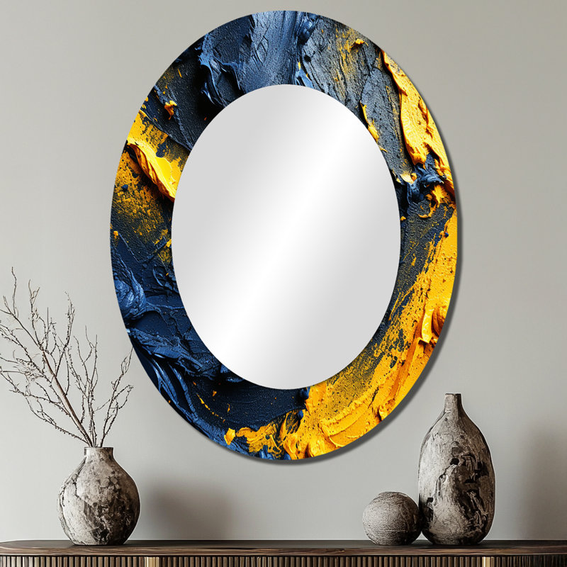 «Rough Love Slavic», peinture abstraite jaune bleu I - décor de miroir mural ovale bleu, 40 po x 30 po