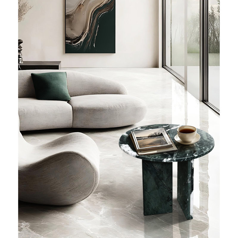 Table basse ronde en pierre naturelle, hauteur 40 cm, pièce maîtresse luxueuse pour salon. Plateau en marbre rond de 45 cm de diamètre et 40 cm de hauteur, surface polie.