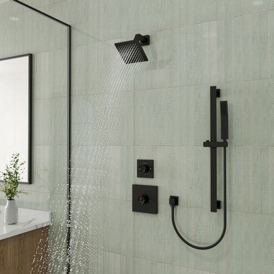 Ensemble de système de douche thermostatique avec pomme de douche à effet pluie, valve brute, barre coulissante réglable