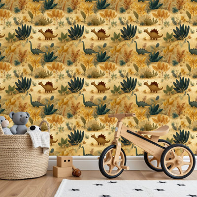 Peel and Stick PVC Wallpaper, Removable Self-Adhesive Wall Covering With Watercolor Dinosaur Valley Nursery Wall Art Print Print, Waterproof for Home Decor - Roll