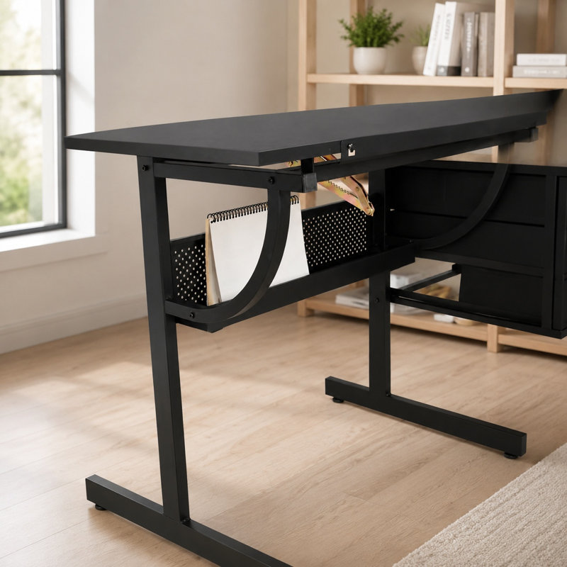 Table à dessin réglable noire avec 3 tiroirs, bureau en MDF inclinable, structure en métal et tabouret