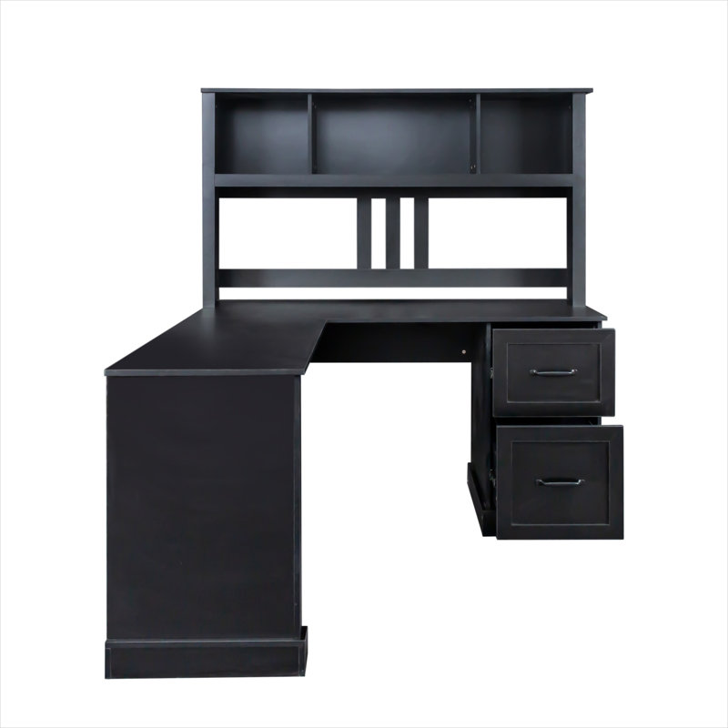 Bureau d'ordinateur en L avec huche, 59,84 x 59,84 pouces, finition en bois aggloméré noir élégant, tablettes ouvertes à deux niveaux et deux tiroirs