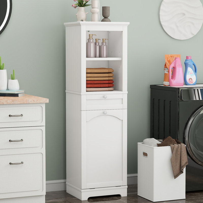 Wood 53'' H Tilt Out Laundry Hamper with Hidden Hamper & Storage Shelves Bathroom, White