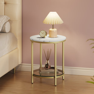 Table de bout ronde en faux marbre avec tablette en verre