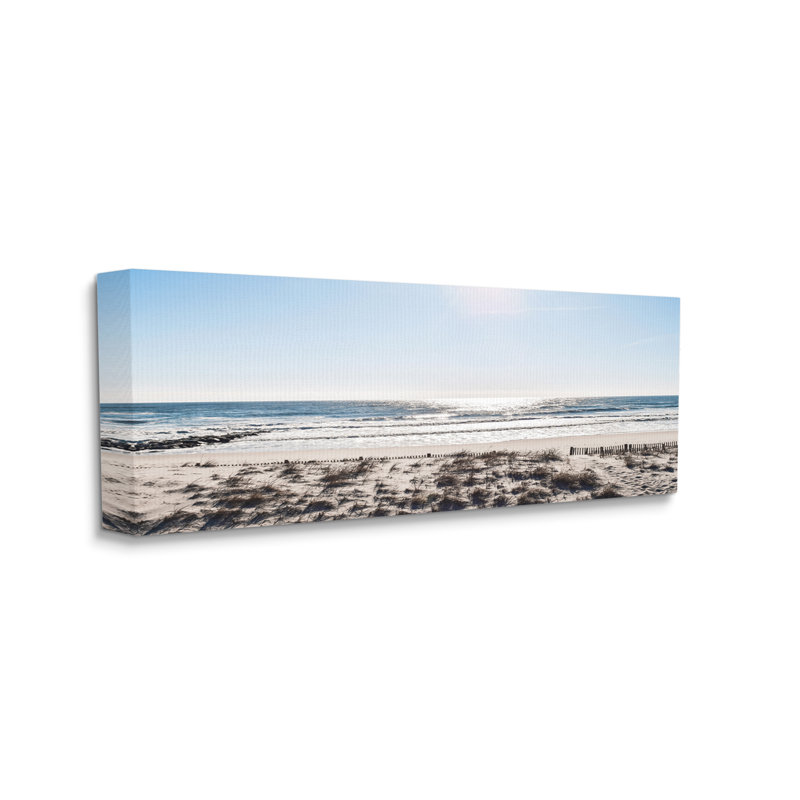 «Coastal Beach Strip Landscape Nautical Fence Tall Grass», estampe numérique encadrée de Natalie Carpentieri, Plaque de bois