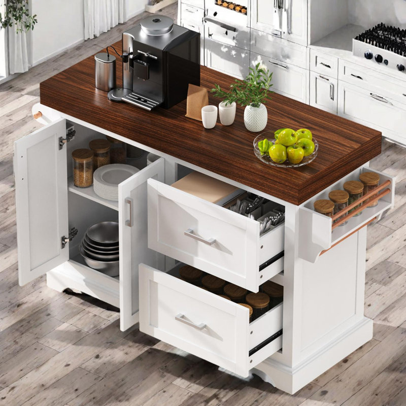 Îlot de cuisine de 53,2 po avec comptoir épais, 2 tiroirs, armoire, support à épices et roulettes verrouillables, Blanc