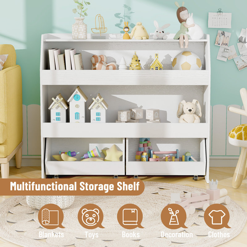 Toy Storge & Organizer Bookshelf With  Cubbies and  2 Movable Drawers, 2 Tier, 35.4"H x 40.2"W x 11.8"D