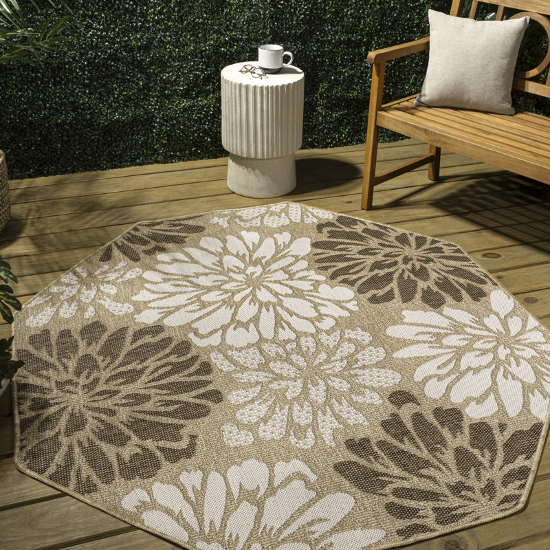 Zinnia Modern Floral Textured Weave Brown/Cream Indoor/Outdoor Rug, Octagon 5'3"