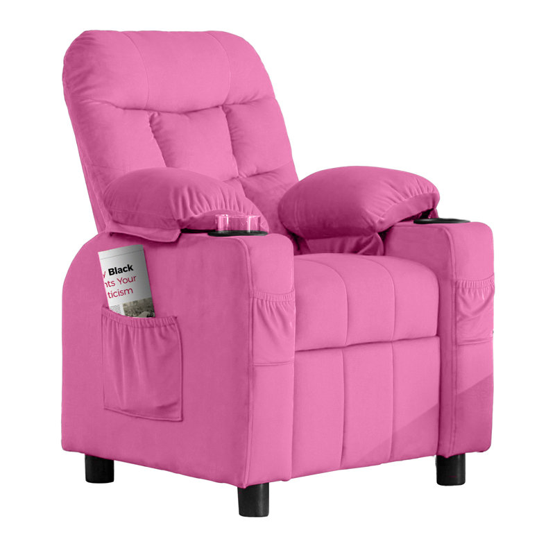Kids 15.7'' Recliner with Cup Holder, Ergonomic Adjustable Velvet Lounge Chair with Collapsible Footrest & Side Pockets, Toddlers Kids Baby Sofa for Bedroom