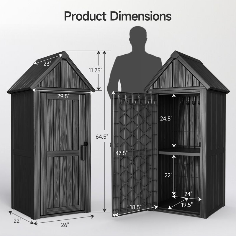 Outdoor Resin Storage Cabinet with Hooks and Lock Ring, Dark Gray