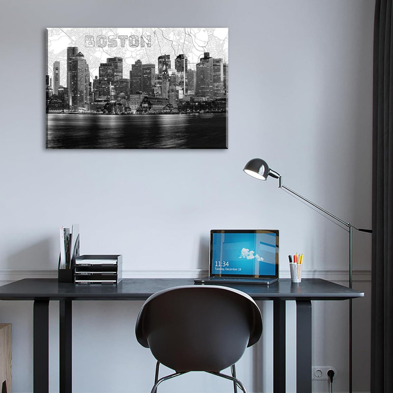 «Boston Skyline», reproduction d'art sur toile - peinture panoramique moderne en noir et blanc, encadrée, prête à être suspendue, décor pour la maison, le salon, la chambre à coucher, le bureau, 24 po x 36 po