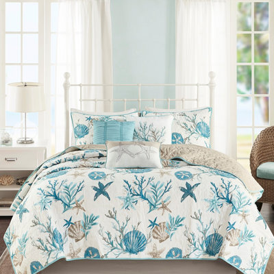 Ensemble de courtepointe 6 pièces en coton double / grand avec motif de literie de plage de galets