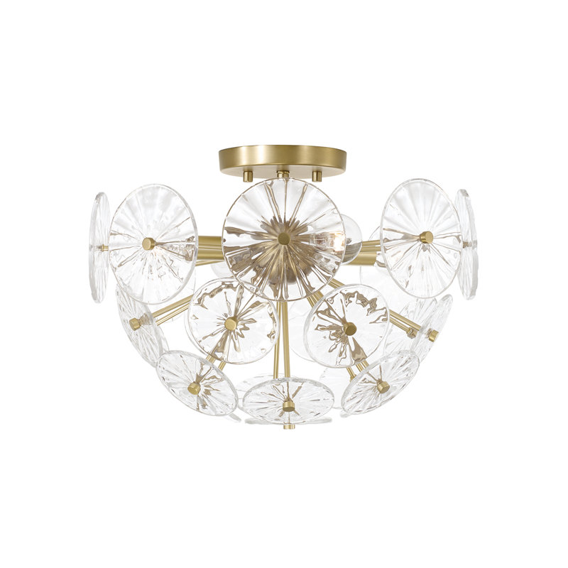 15.5" W x 11" H 4-Light Starburst Semi Flush in Matte Brass with Patterned Glass Petals