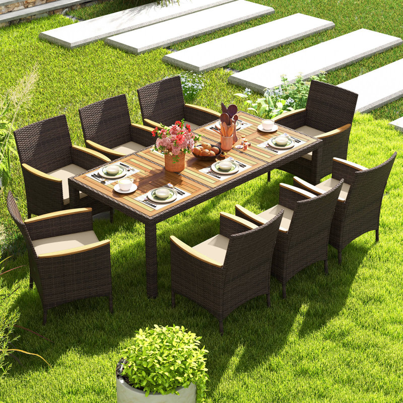 8-Person PE Wicker Patio Dining Set with Acacia Wood Tabletop , Beige