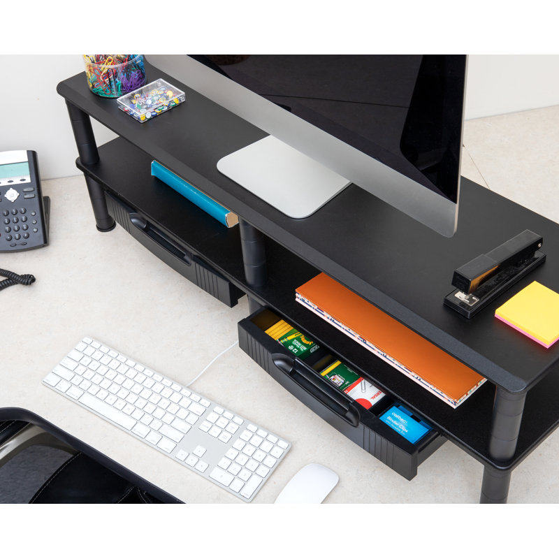 Black Dual Monitor Stand with Storage Shelves and Drawers