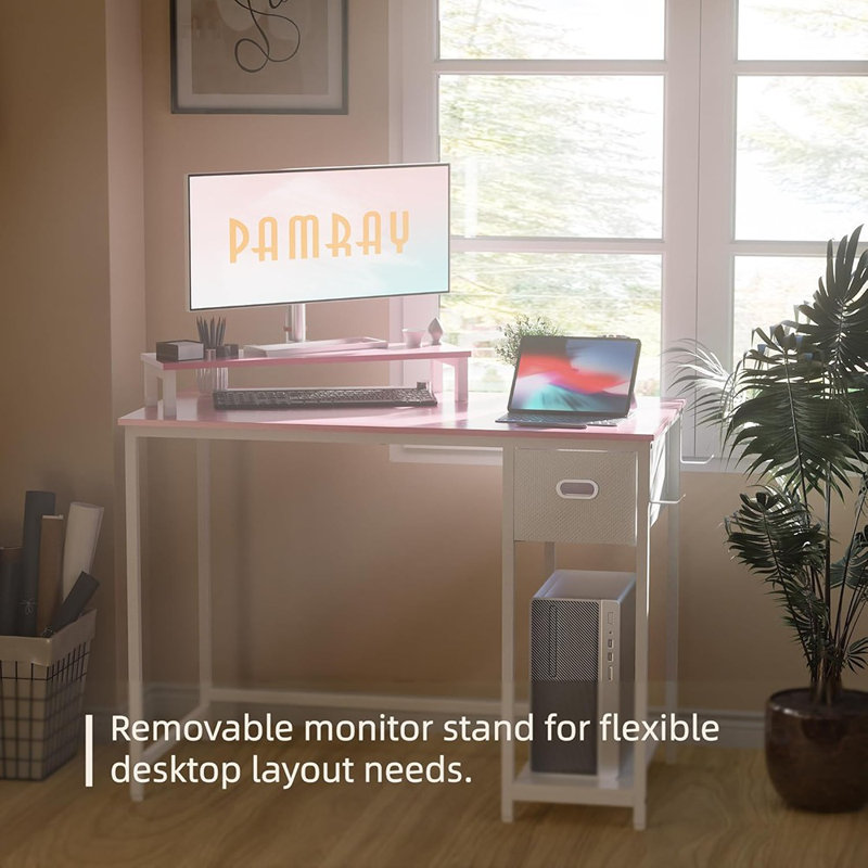 Bureau d'ordinateur de 39 pouces avec support pour moniteur et petit bureau avec tiroir de rangement non tissé pour bureau d'écriture et bureau rose