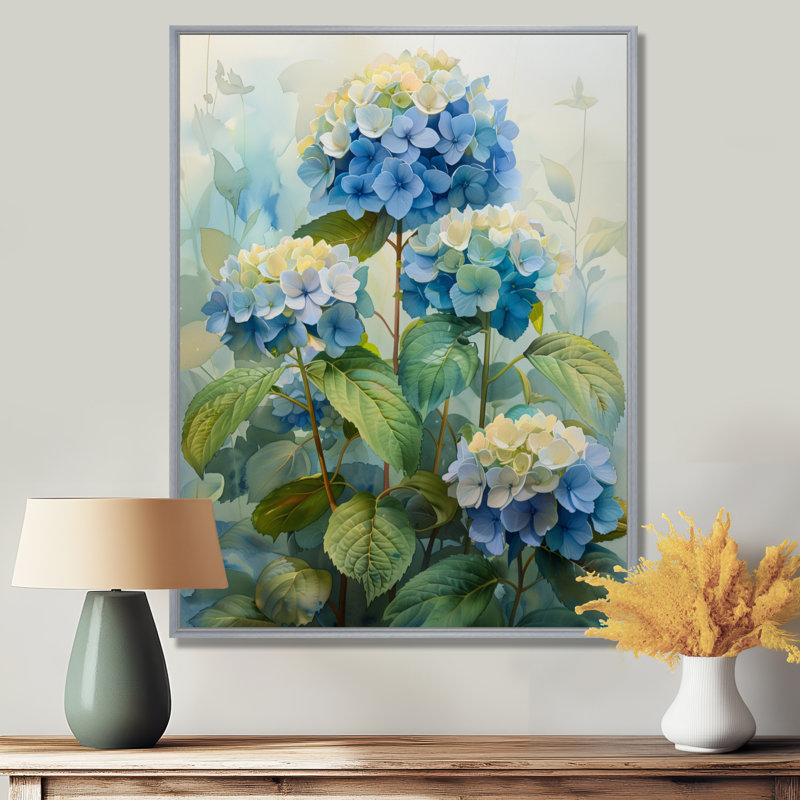 Bleu et vert jardin fleuri hortensia II - hortensia art mural, Encadrement argenté, H 12 po x l 20 po
