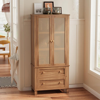 Tall Freestanding Kitchen Pantry Cabinet with Rattan Doors Adjustable Shelves and 2 Drawers Storage Cabinet