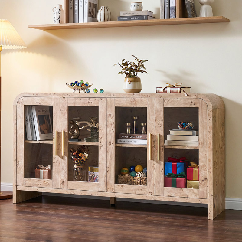 Arched Sideboard With Drawers And Tempered Glass Doors Desser Dresser, Light Burl